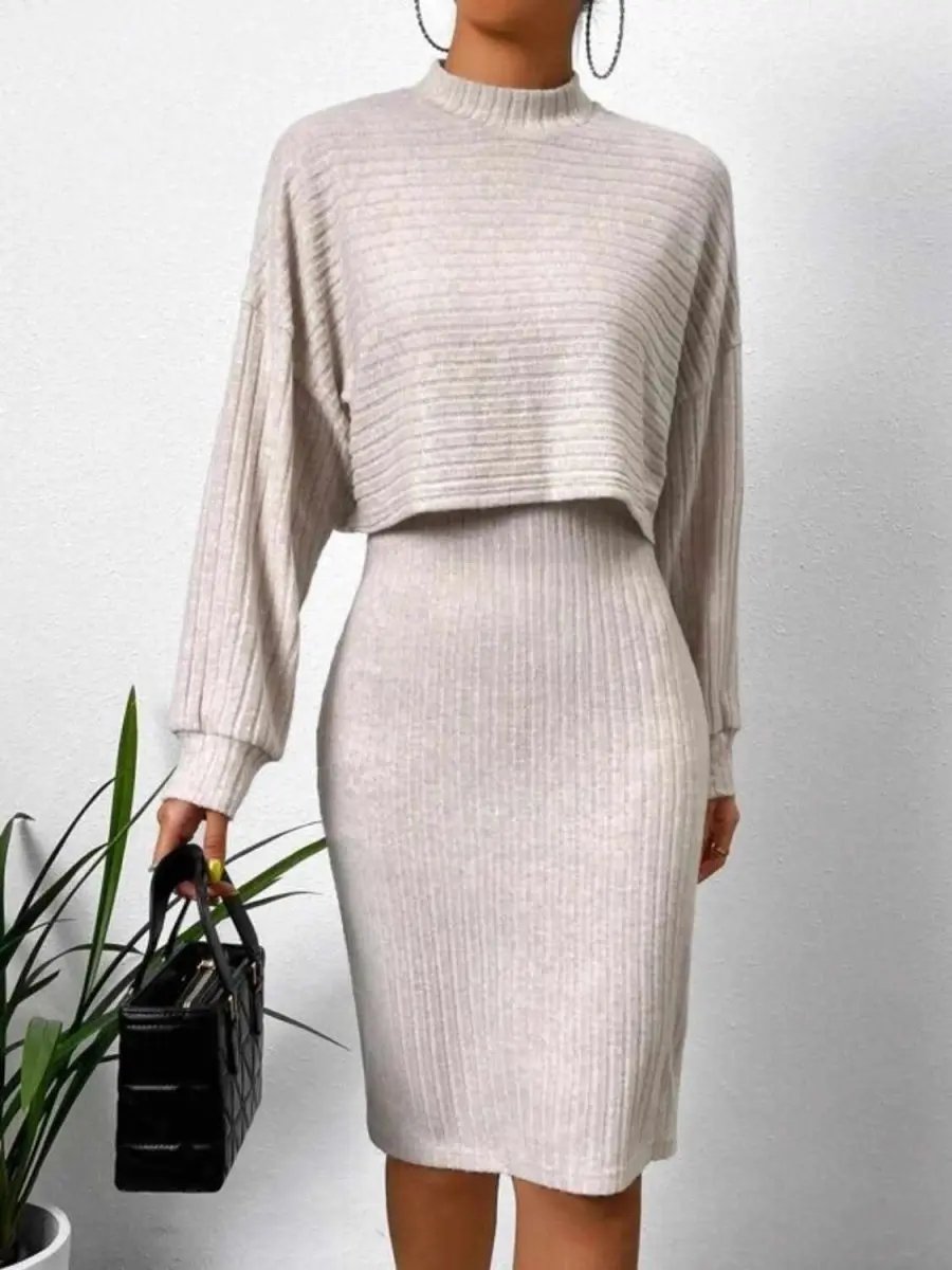 Mock Neck Long Sleeve Top with Wide Strap Dress Combo Set - Love Salve